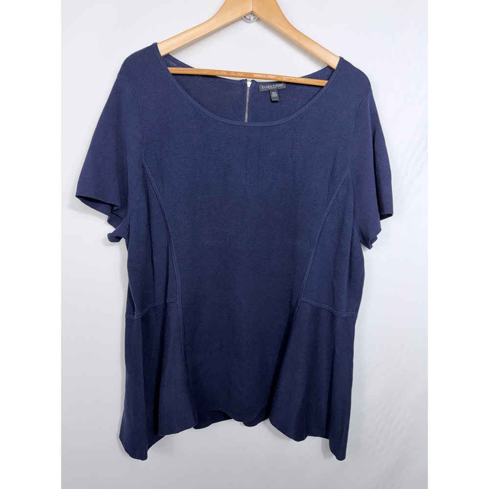 Eileen Fisher Top Womens 3X Navy Blue Silk Cotton Back Zip Knit Short Sleeve